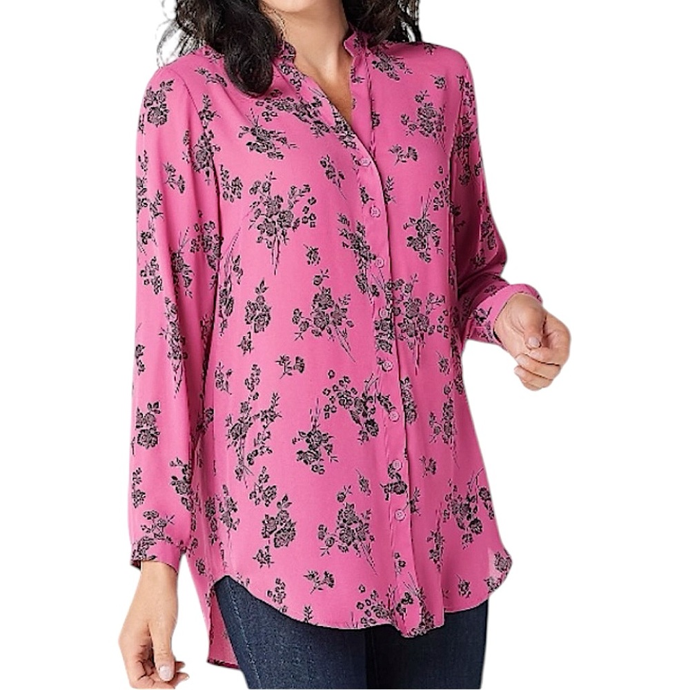 💟 2/$20 Joan Rivers Pink & Black Floral Chiffon Button Up Blouse Size 12
